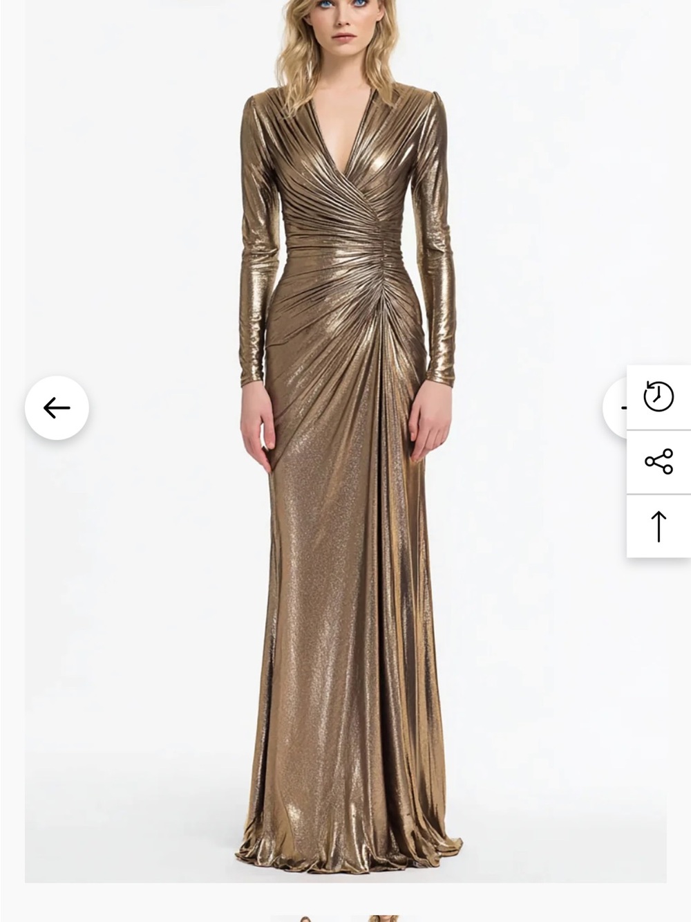 Metallic Gold Long-Sleeve Ruched V-Neck Evening Gown